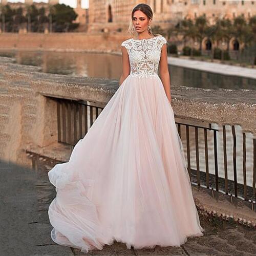 Pink Wedding Dress 2020 Scoop Neck Boho Bridal Dress Lace Appliques Plus Size Beach Wedding Gowns vestidos de noiva
