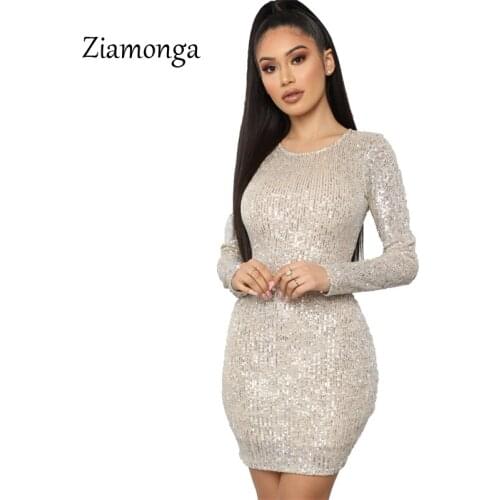 Ziamonga Sexy Women O-Neck Mini Dress Long Sleeve Shiny Sequin Bodycon Dress Fashion Party Club Vestidos Evening Short Gowns