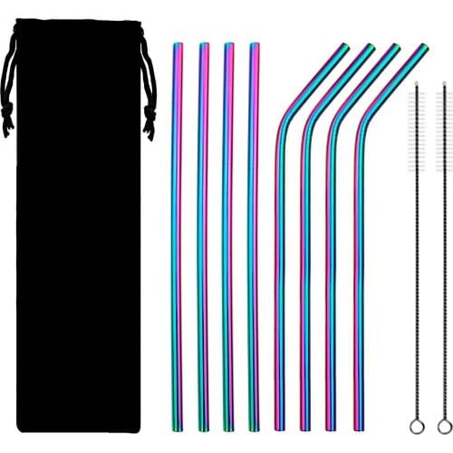 8pcs Metal Straw Set Reusable Straw 304 Stainless Steel Drinking Straw with Brush Eco-Friendly Pink Straw For Mugs