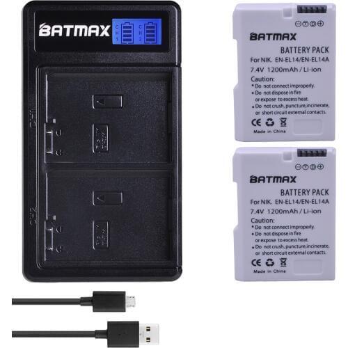 Batmax 2Pcs EN-EL14 EN-EL14a Battery+New LCD USB Dual Charger for Nikon D3100 D3200 D3300 D5600 D5100 D5200 D5300 P7000