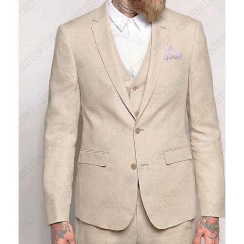 ANNIEBRITNEY 2019 Summer Beige Linen Suit Men Set Casual Slim Fit Tuxedo Custom Made Groom Wedding Suits Blazer Terno Masuclino