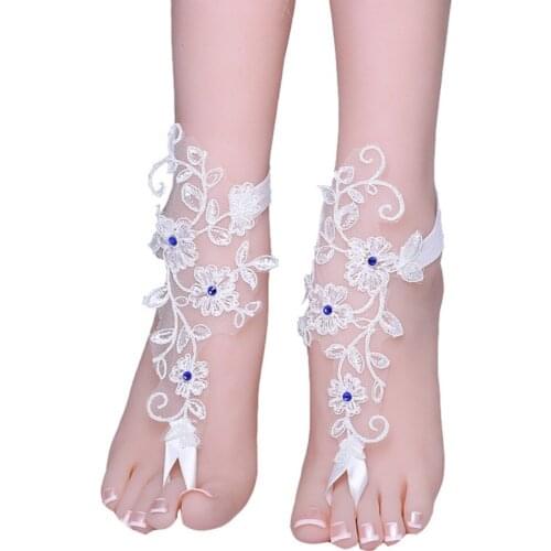 White Lace Woman Bridal Anklets Wedding Barefoot Sandals Shoes Beach Foot Sunbathing with blue Jewelry 2020