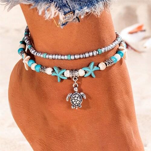 Bohemian Multi Layer Starfish Turtle Beads Anklets For Women Vintage Boho Shell Chain Anklet Bracelet Beach Jewelry Sandals Gift
