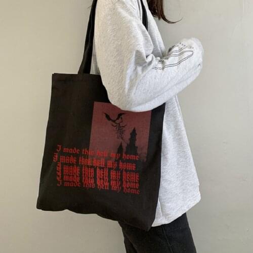 Letter Print Punk Dark Canvas Bag Gothic Style Shopper Large Capacity Womens Bag Harajuku Classic Shoulder Bag Vintage Handbag