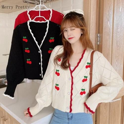 Cherry Embroidery Korean Women Short Knitted Pullover Sweaters 2021 Winter Long Sleeve V-neck Casual Sweet Style Girly Crop Top