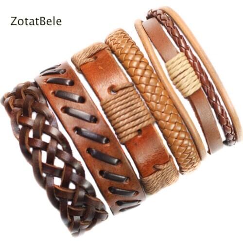 2019 Handmade Wholesale 5Pcs/Set Brown Leather Bracelets Women Leather Bangle Male Wristband Wrap Men Jewelry F43
