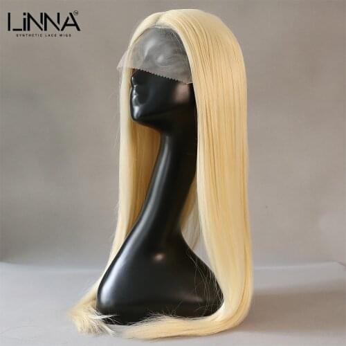LINNA Long Straight Lace Synthetic Wigs Ombre Brown Blonde 613# Middle Part Lace Wigs for women High Temperature Fiber Cosplay