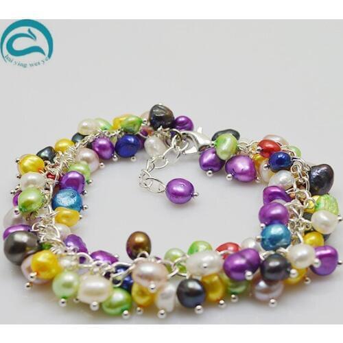 Multicolor Natural Pearl Bracelet,AA 7-8MM Baroque Genuine Freshwater Pearl Bracelet Handmade Real Pearl Jewellery For Women