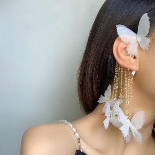 Fashion Elf Butterfly Pendant Clip on Earrings Crystal Ear Gold Color Chain Link Ear Clips For Women Bridal Jewelry Gift