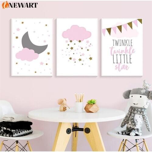 Baby Girl Nursery Pink Wall Art for Kids Bedroom Poster Print Weather Cloud Star and Moon Canvas Painting Child Room Decoration
