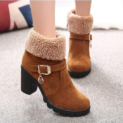 2021 New Autumn Winter Womens Shoes Ankle Boots Plush Ladies Womens Boots Super High Square Heel High Quality Rubber Boots