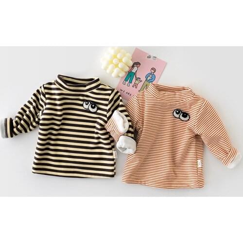 2021 Autumn Winter 0-3Years Baby Clothes NewBorn Infant Tops Fur Lining Boys Turtleneck Tees Toddler Girls Thick Striped TShirts