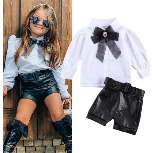 1-6Y Fashion Children Girls Clothing Sets Toddler Kids Girls Lace Bowtie Blouse Shirts Tops+PU Leather Shorts Tracksuits Outfits