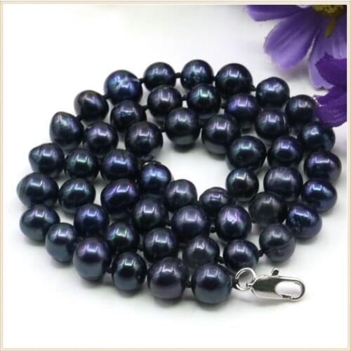 7-8mm Black Natural Fresh Water Pearl Necklace Beads Neckwear Hand Made Jewelry Making Design Silver Color Long Lobster Clasp