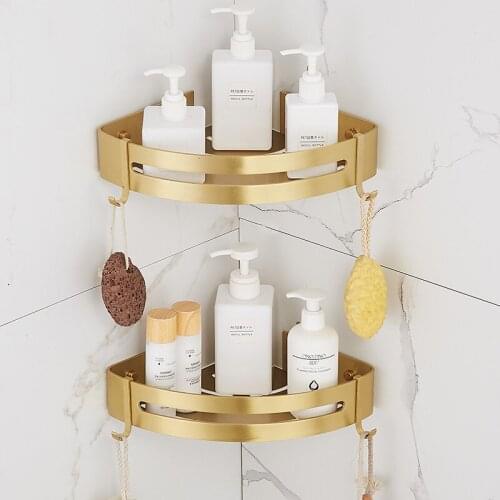Bathroom Shelves Brushed Gold Aluminum Bath Shower Rack Nail Punched Corner Shelves With Hooks Bath Hardware Free Shipping