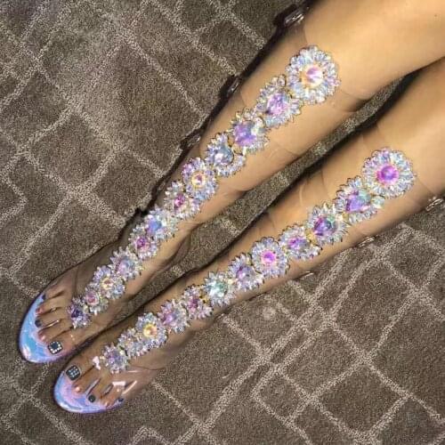Transparent PVC Straps Sandals Boots Open Toe Buckle T-strap Rhinestone Diamond Clear High Heel Summer Knee High Boots