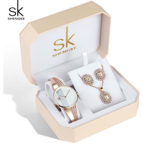 Shengke Luxury Crystal Earrings Necklace Women Watches Set Girl Clock Reloj Mujer 2019 SK Ladies Quartz Watch Gifts For Women
