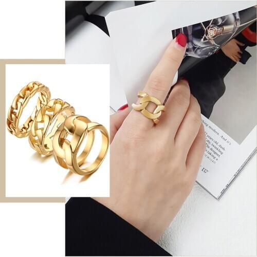 Chic Womens 5/7/14mm Wide Wedding Bands Cuban Link Chain Rings Gold Color Stainless Steel Gifts for Her Minimalist Jewelry
