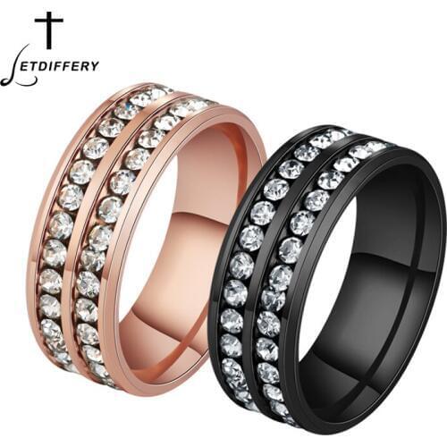 Letdiffery Stainless Steel Two Rows Crystal Weddings Ring Classical Lover Couple Rings Valentines Bague Bijoux Gift