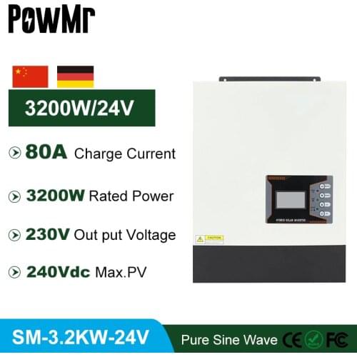 All-One 3200W PowMr Solar Hybrid Inverter 24VDC 230VAC Built In MPPT Controller Output Pure Sine Wave Maximum AC Input 300V