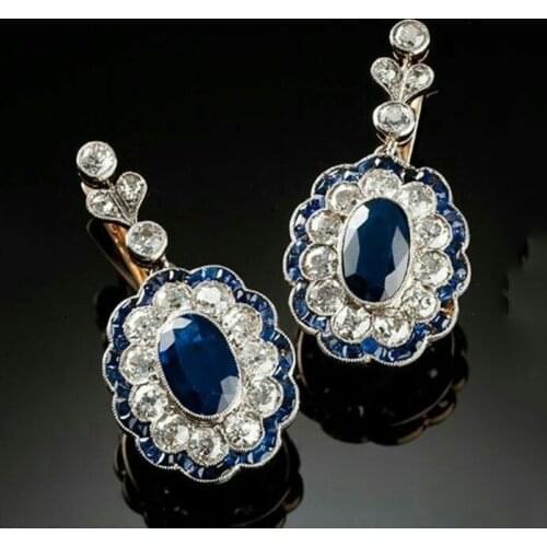Gorgeous Golden Royal Blue Cubic Zircon Earrings Noble Bride Jewelry Women Luxury Flower Crystal Wedding Earrings