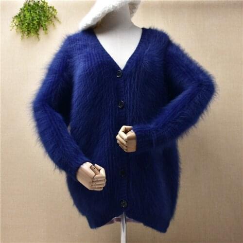 Top quality female women winter thick warm hairy mink cashmere knit long sleeves v-neck loose cardigans angora fur jacket coat