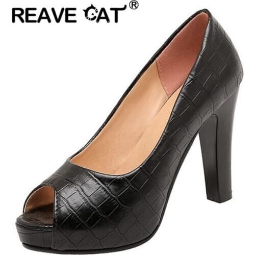 REAVE CAT New 2021 Women Pumps Peep Toe 10cm High Block Heels Concise Classic Sexy Platform Big Size 32-43 Date Black A3805