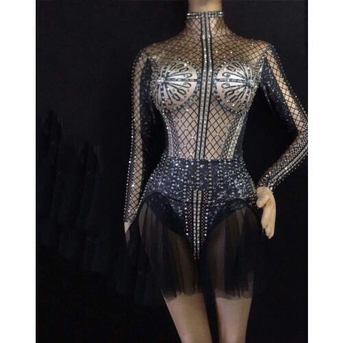 Black Rhinestones Sparkly Nightclub Female Singer Hosts Opening Dance Jumpsuit Big Stretch Dance Costume Bodysuit Outfit DJ357