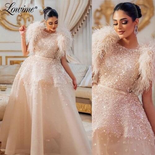 Lowime Feathers Muslim Evening Dresses 2021 Luxury Beading Crystals Middle East Party Gowns Dubai Arabic A Line Prom Dresses