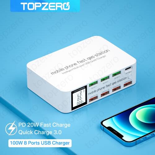 102W 8 Ports USB Hub Fast Charger Station Quick Charge 3.0 USB Type C PD Charger LCD Display Desktop Multiple USB Chargers White