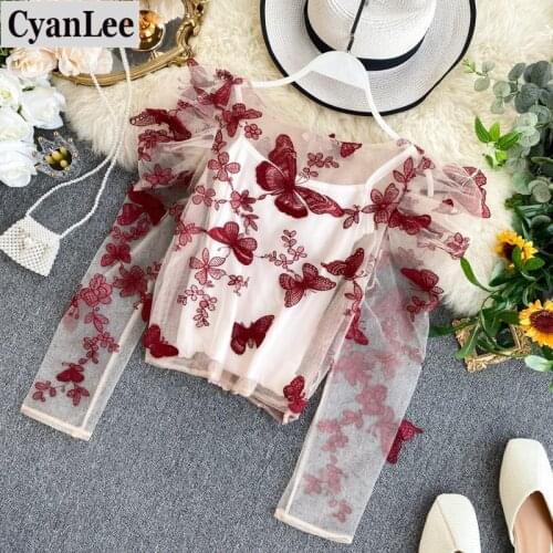 Cyanlee Elegant Long Sleeve Back Zipper Blouse Embroidery Gauze See Through Tops Female Fashion Shirts Two Piece Korean Set