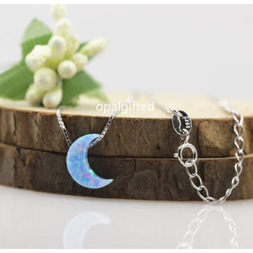 1pc New Fashion Synthetic Opal Blue Moon Crescent Pendant Necklace 925 silver Chain For Women Girl Cute Lovely moon opal Jewelry