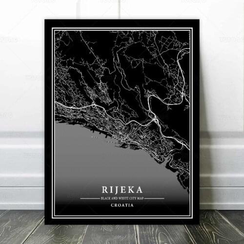 Black and White World City Map RIJEKA Wall Art Canvas Poster Prints Nordic Style Paintings Picture Living Room decoration
