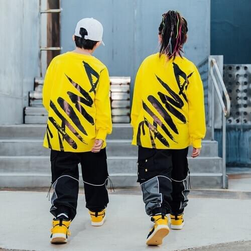 Boys' Hip-Hop Dance Costumes For Girls ChildrenS Hip-Hop Loose Long-Sleeved Top Black Pants Jazz Street Dance Clothes DQS6233