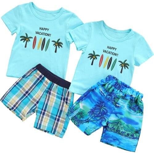 2Pcs Little Boys Outfit Toddlers Creative Coconut Tree Letter Printing Round Collar Short Sleeve Top + Beach/Plaid Shorts Set