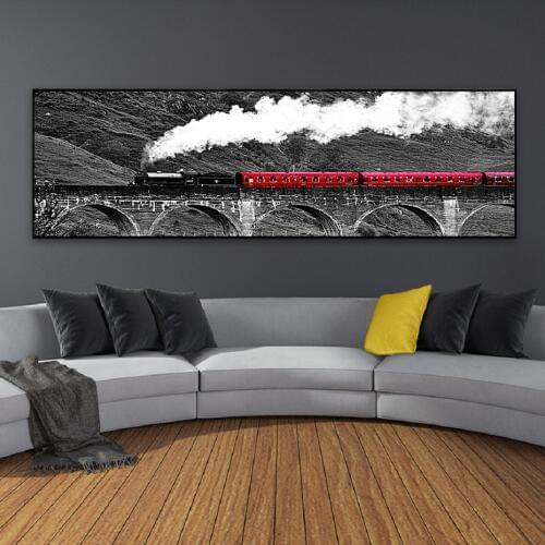 Red Train Nordic Long Scene Canvas Prints Posters Black White Landscape Wall Art Canvas Paintings for Living Room Home Decor