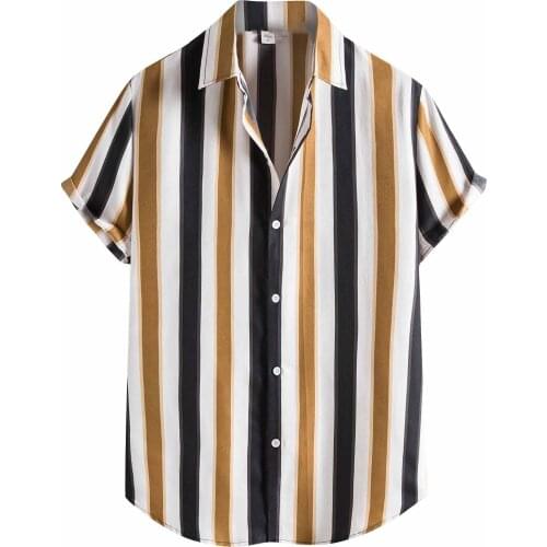 Mens Casual Blouse Cotton Linen Stripe Print Shirts Summer Short Sleeve Button Shirt Handsome Men Shirt Tropical Hawaii Clothes