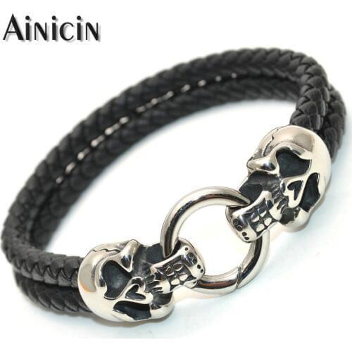 New Design Double Skull Heads Press Clasp Stainless Steel Bracelets Fashion Mens Double Layer Genuine Leather Hologram Bangles