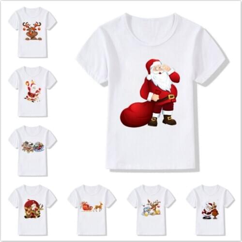 New Baby Boy Girl Tshirt Christmas Elk Print Santa Claus Deer Kids T-shirt Funny Summer Kids Short Sleeved Boys Clothes Top Tees