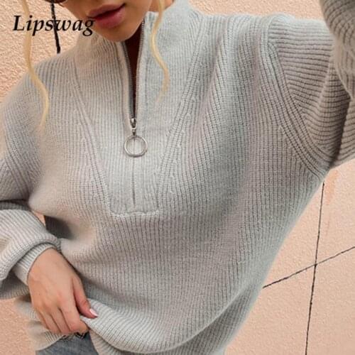 Solid Loose Warm Winter Sweaters Jumper Women Autumn Zipper Rib Knitted Sweater Casual Stand Collar Lantern Sleeve Pullover Tops