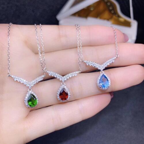Fashion Water drop Natural green diopside Necklace natural topaz garnet Pendant Necklace S925 silver women party gift Jewelry