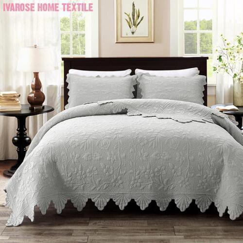 Luxury Soft 100%Cotton Quilted Bedspread and 2 Pillow shams Bedding Set Chic Solid White Gray Color Serrated Bed Spread set
