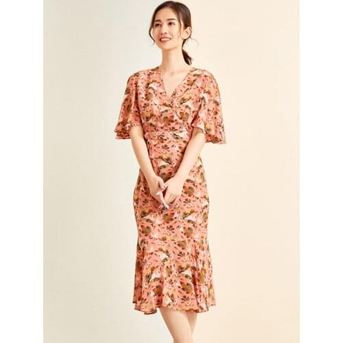 Pink V Neck Floral Silk Dresses Women Fashion 2021 Summer Long Casual Sexy Office Work Daily Dress Plus Size Slim Fit A Line