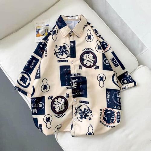 Retro Hong Kong-style Printed Shirt Women Blouses Design Sense Niche Cold Wind Mens Shirt Loose Trend Couple Jacket Punk Goth
