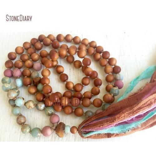 Handmade Mix Stone Sandalwood Sapphires African Opal Rhodonite Mala Beads Necklace With Colors Sari Tassel Pendant Charm NM11079