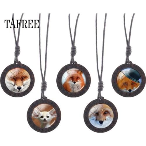 TAFREE Cute Fox Wooden Necklace Glass Animal Fox Image Cabochon Charms Choker Wood Pendant Rope Chains Jewelry CN96