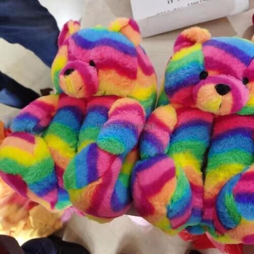 Winter Ladies Cartoon Cute Teddy Bear Slippers Women Indoor Non-Slip Home Cotton Slides Female Plush Fluffy Warm House Shoes Hot