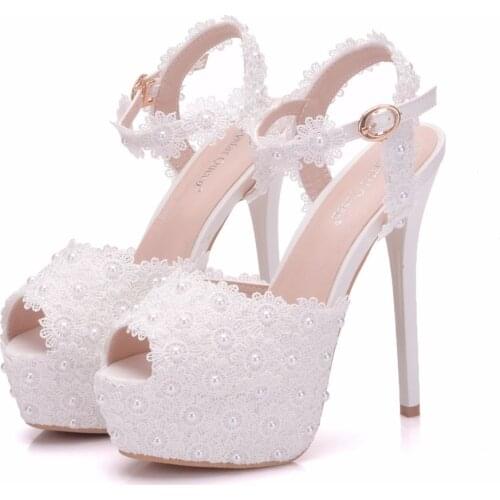 Crystal Queen Women Super High Heel Wedding Pumps 14cm Peep sweet Sexy Party Shoes Lady Lace Flower Platform 4CM Thin Heels