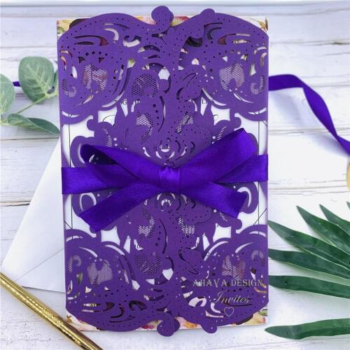 Unique And Gorgeous Purple Invitation With Rose Laser Cut Wrap And Ribbon