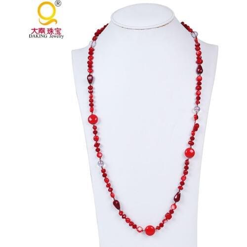 Unique red beaded necklace ceramic bead necklace irregular shell necklace red crystal with white glass ball necklace womens gift